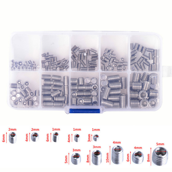 M3-M8 200pcs Stainless Steel Hex Socket Set Screw Grub Screws Cup Kit With Plastic Box