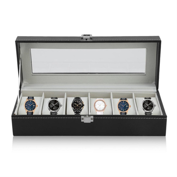 Watch Box Watch Case Large 6 Mens Black Pu Leather Display Glass Top Jewelry Case Organizer Box - Black