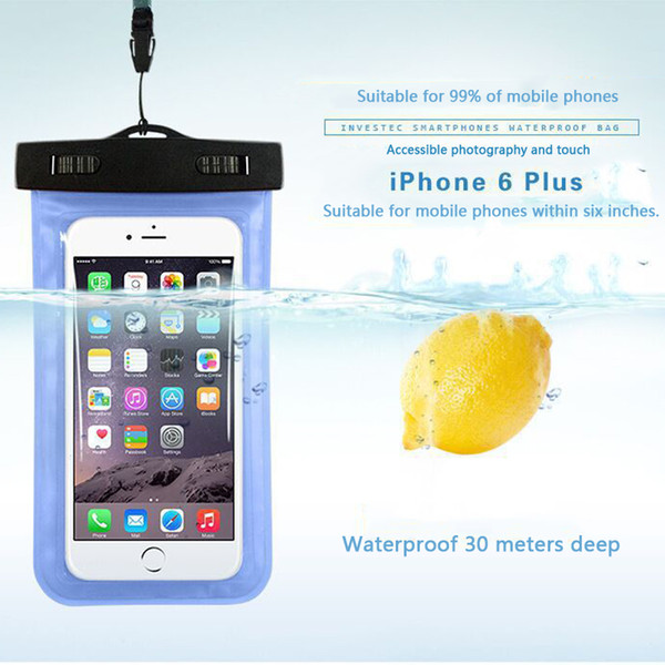 Noctilucent Waterproof Bag PVC Protective Mobile Phone Bags Pouch Case Holder Diving Swimming Sports For iphone 6 plus VT1129