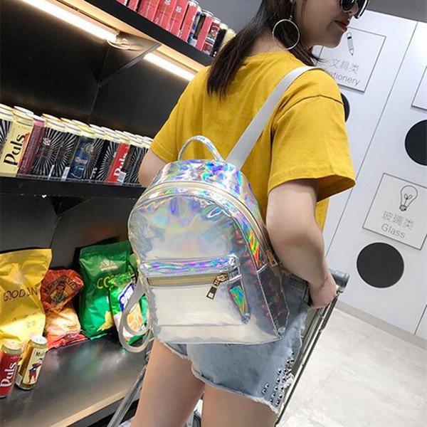 Free Shipping Silver Gold Pink Laser Backpack women girls Bag leather Holographic Backpack school bags for teenage girls