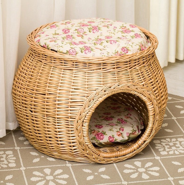 M Size Handmade Natural Color Wicker Basket Cat Bed Cave Dog House Pet Furniture Rattan Home Perfect Kitten Gift with Cushions Mats Free