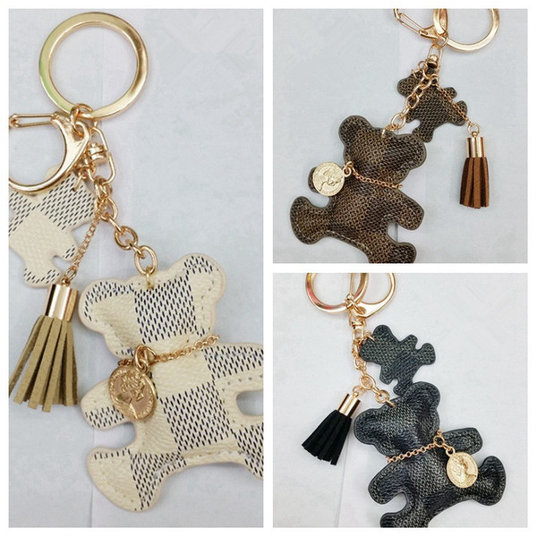 2018 fashion Key Chain Accessories Tassel Key Ring PU Leather Bear Pattern Car Keychain Jewelry Bag Charm