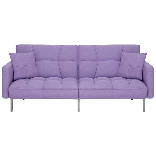 Home Furniture Convertible Linen Tufted Splitback Futon Couch W/ Pillows- Purple