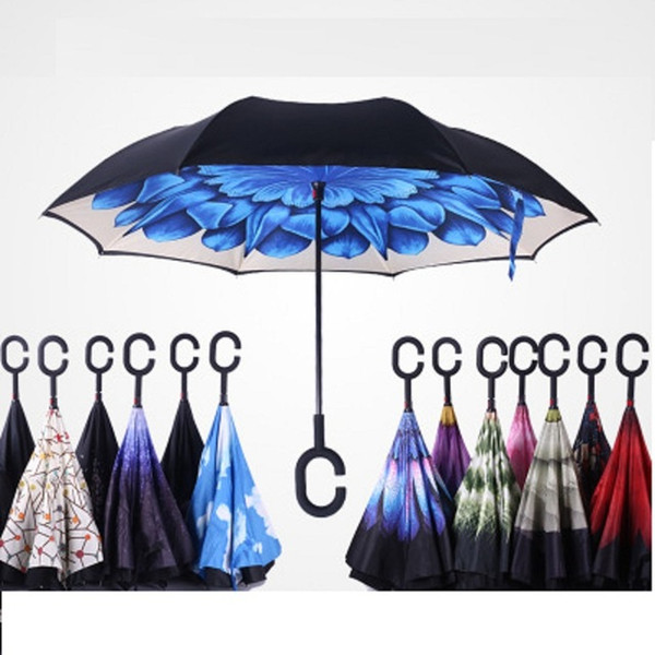 60PCS C-Hand Windproof Reverse Double Layer Inverted Umbrella Inside Out Self Stand Windproof Umbrella 50 designs