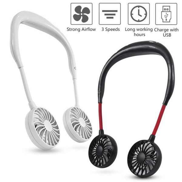 New USB Rechargeable Wearable Hand Free Neckband Fan Personal Mini Neck Double head flexible Fans 3 Speed Adjustable for Home Office