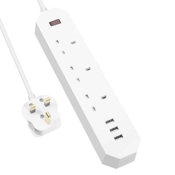 Smart Multiple Socket Outlets with 3 USB Chargers Power Strip 1.8m Extension Lead 3250W for Home/ Office