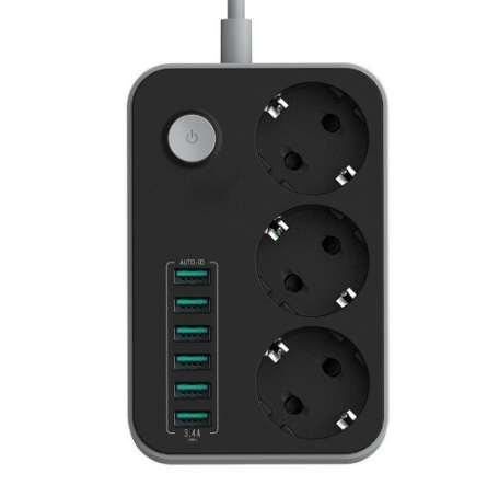 2500W 10A Surge Protection Universal Charger Household Socket 6 USB Ports Charging Ports Extension Cord Power Strips EU Plug