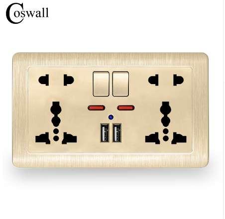 Coswall Wall Power Socket Double Universal 5 Hole Switched Outlet 2.1A Dual USB Charger Port LED indicator 146mm*86mm Gold 110-250V