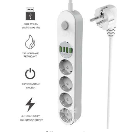 LEORY 4 Port 4 USB Power Strip EU Power Sockets Surge Protector USB 17W Chargers EU Plug 2500W Home Office White 250V 16A