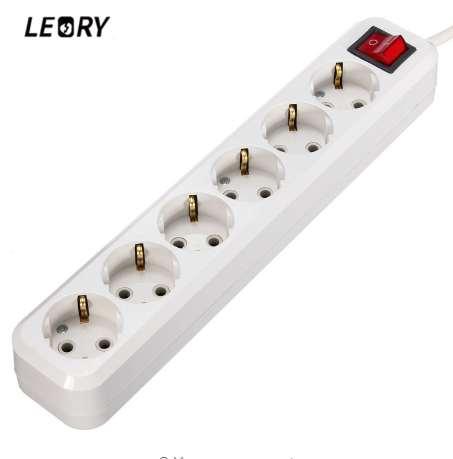 LEORY 6 AC Power Sockets 10A 250V Power Strip EU Plug Overload Switch Surge Protector 6 Outlet Extension Lead Adapter 1.5M Cable