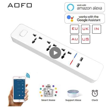 Wifi smart Power Strip with Universal 3 Socket 2 USB Charging Station Work with Alexa Google Home Assistant UK/AU/EU/India Plugs