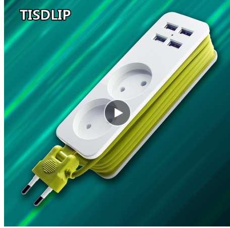 TISDLIP Power Strip EU Plug 2 AC/4 USB Port Extension Socket Surge Protector Home Office Electric Extension Cable Socket Plug