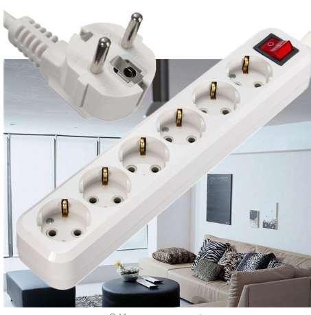 CLAITE EU Plug 6 Outlet Power 250V 10A Power Strip EU Plug Wall Socket Mains Lead Plug Strip Adapter 1.5m Extension Cable