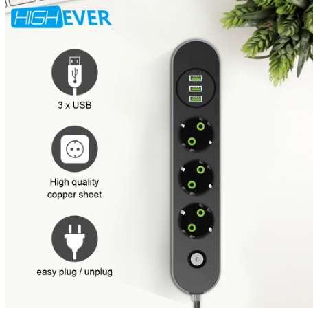 Highever Smart USB Power Strip Extension Socket EU Plug 3 AC Outlet 3 Port USB Charger- 2M/1.4M Power Cord Wall Charger Adapter