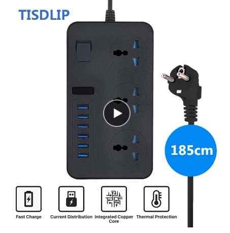 TISDLIP Electric Extension Power Strip Surge Protector with 3 Socket 6 USB Port Universal Socket Plug