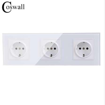 COSWALL Wall Crystal Glass Panel 3 Way Power Socket Plug Grounded, 16A EU Standard Electrical Triple Outlet 258mm * 86mm 110-250V