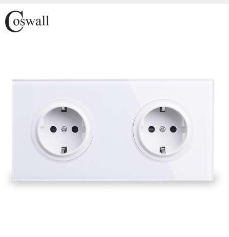 Coswall Crystal Tempered Pure Glass Panel 16A Double EU Standard Wall Power Socket Outlet Grounded With Child Protective Lock 110-250V