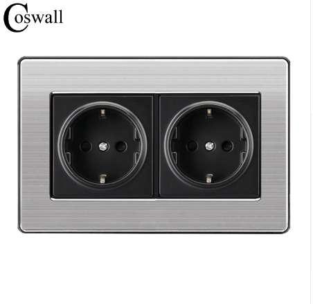 Coswall 16A EU Standard Wall Double Socket Luxury Power Outlet Stainless Steel Brushed Silver Panel 146mm*86mm AC 110~250V