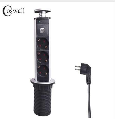 COSWALL 16A PULL POP UP 3 Power Socket 2 USB Charging Port Kitchen Table Desktop Sockets Retractable Countertops Worktop EU Plug 100-240V