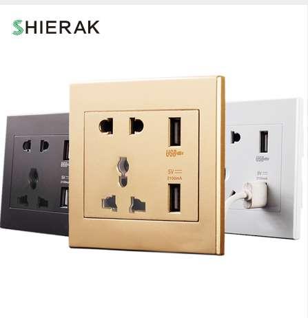 SHIERAK Universal Standard 2.1A USB Wall Socket Home Wall Charger 2 Ports USB Outlet Power Charger For Phone White/Black/Gold 2100mA