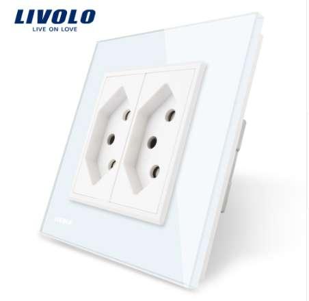 Livolo EU Standard two gang Switzerland Power Socket, White Crystal Glass Panel, AC 110~250V Wall Power Socket, VL-C7C2CH-11