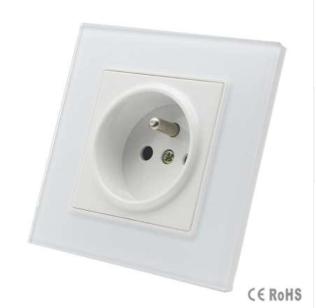 Hot Sale New Outlet,French Standard Wall Power Socket, GB-C7C1FR-1,White Crystal Glass Panel, AC 110~250V 16A