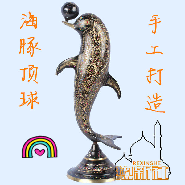 Pakistan hand carved bronze 35CM color ball dolphin animal modeling / gift decoration