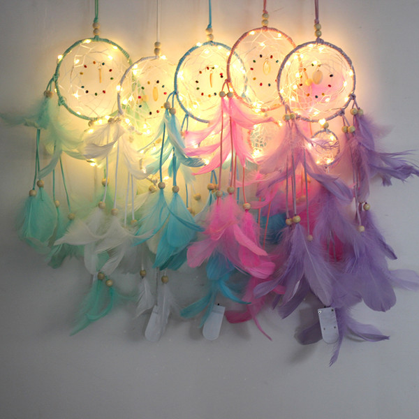 LED Dream Catchers for Bedroom Feather Chandelier Ornaments Handmade Indian Wall Hanging Decorations Home Ornaments Caught Your Dream