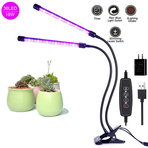 Plant Growing Lamps for Indoor Plants with Dual Head Timing 36 LED 5 Dimmable Levels, Red/Blue Spectrum,3/6/12H Timer 3 Switch Modes