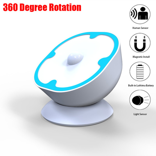 Motion Sensor Light USB Rechargeable Battery LED Night Light 360 Degree Rotation Wall Lamp with 3M Sticker Stick-Anywhere Lamp for Bathroom