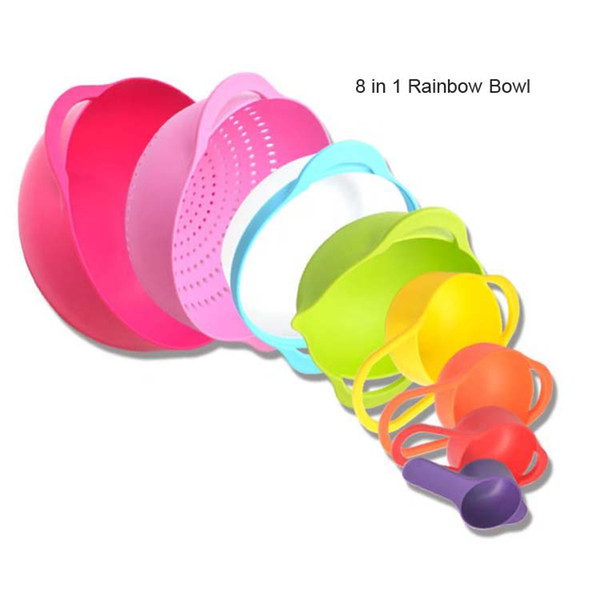 Chinese Factory SY61A Kitchen 8 in 1 Quality Multifunction Plastic Rainbow Meansuring Bowls With Leachate Basket