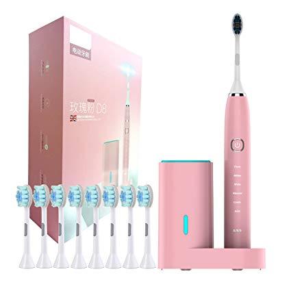 FALIY Electric toothbrush, 6 types with UV disinfection mode, IPX7 waterproof, sonic rechargeable toothbrush with 8 replacement heads Pink