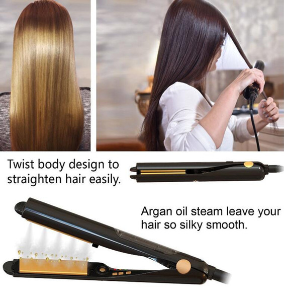 Argan Oil Vapor Infusion Treatment Curling and Straightening in One tool Ceramic Tourmaline Flat Iron Steam Hair Straightener