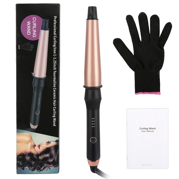 Rose Gold Cone Hair Curler Iron for Women Fashion 1-1.5 inch Tourmaline Ceramic Hair Curling Wand with Glove