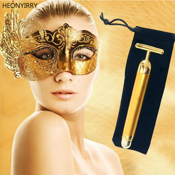 Facial 24 K oro vibrador cara belleza rodillo masajeador Stick adelgazamiento Facial estiramiento de la piel anti-arrugas Bar con bolsoNegro