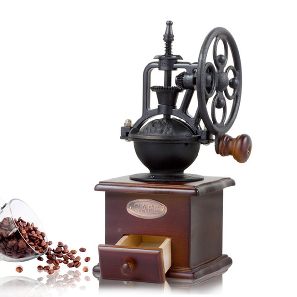 Hot Sale Commercial Wooden Manual Coffee Bean Grinder Machine Antique Cast Iron Hand Crank Burr Coffee Mill