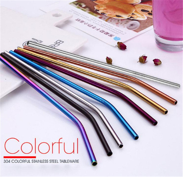 Colorful Stainless Steel Drinking Straw 21.5cm Straight Bent Reusable Straws Juice Party Bar Accessorie OOA4998