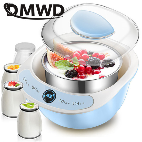 DMWD Electric Yogurt Maker Automatic Stainless Steel liner Natto Rice Wine Fruit Enzyme Fermenter Yoghurt Salad Leben Machine 1L