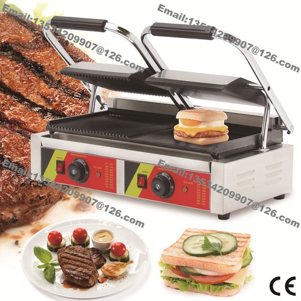 Free Shipping Commercial Use Non-stick 110v 220v Electric Ribbed + Smooth Steak Sandwich Panini Double Contact Grill