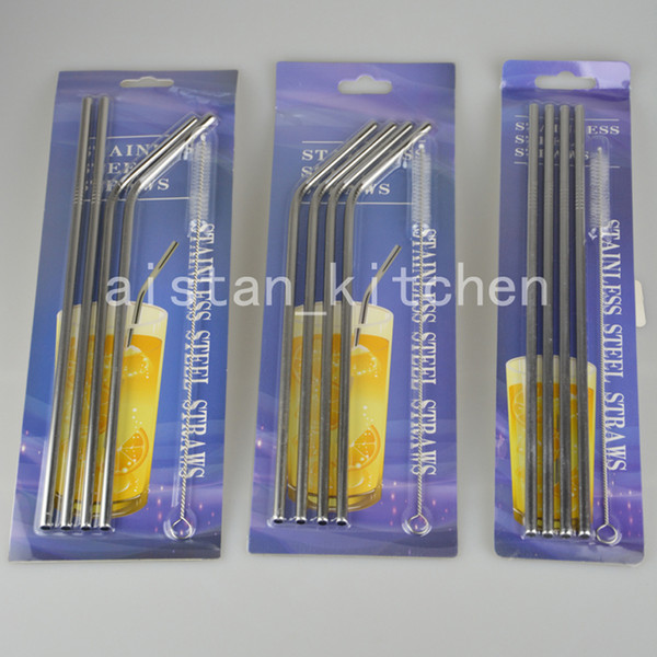 8.5 10.5 inch 215mm 265mm straight and bend stainless steel straw and cleaning brush reusable drinking straw bar drinking tool