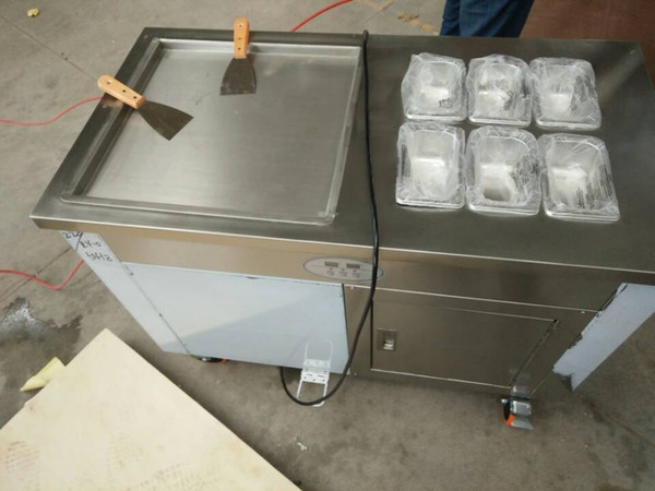 High quality 110v 220v stainless steel fried ice cream machine with 6 topping box & cabinet r410a good compressor 45cm round and square pan