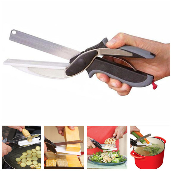 2 in 1 Smart Clever Cutter Stainless Steel Kitchen Scissors Knife Utility Cutting Board Food Meat Cheese Vegetable Cutter Tools With Package