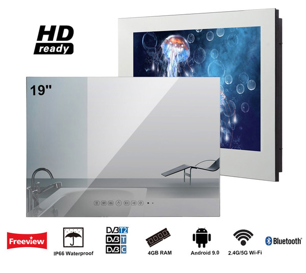 Soulaca 19 inch Smart Android IP66 Waterproof Bathroom Mirror TV HD Reday with Built-in Wi-Fi, Integrated Speakers