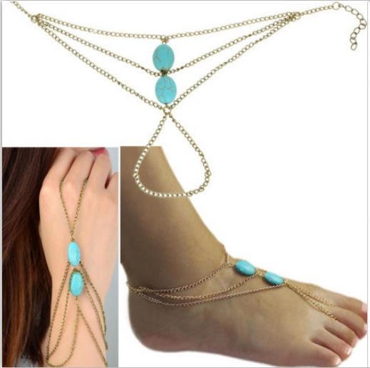 ALL-Match Chic Ankle Foot Chain Handmade Toe Link Rings Harness Turquoise Bracelet Lover Tassel Slave Anklets Antique brass Blue