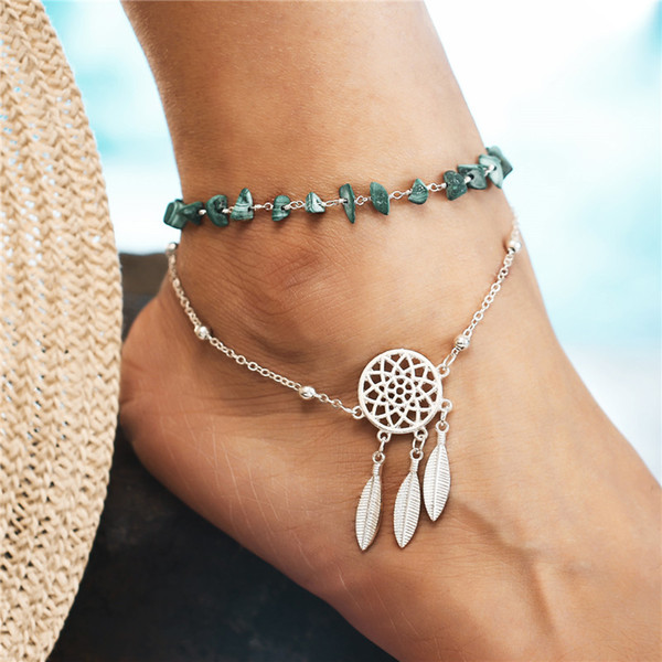 Vintage Beach Bohemian Dream Catcher Anklet Bracelet Foot Jewelry Double Layer Green Stone Beaded Anklets For Women Boho YMF317