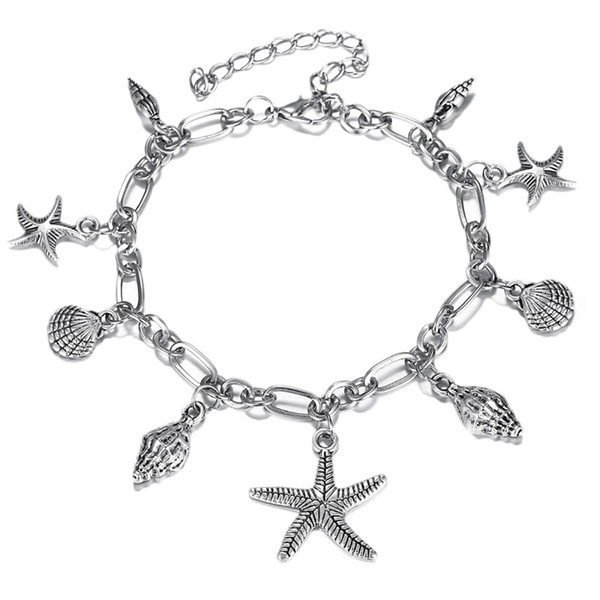 Bohemian Starfish Shell Pendant Anklets For Women Fashion Silver Color Conch Ankle Bracelets OnThe Leg Boho Beach Accessories YMF549