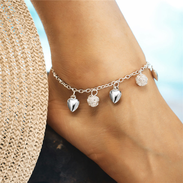 Fashion Heart Anklets For Women Silver Plated Boho Anklet on the Leg Charm Foot Chain Bracelets Bohemian Vintage Jewelry YMBJ606