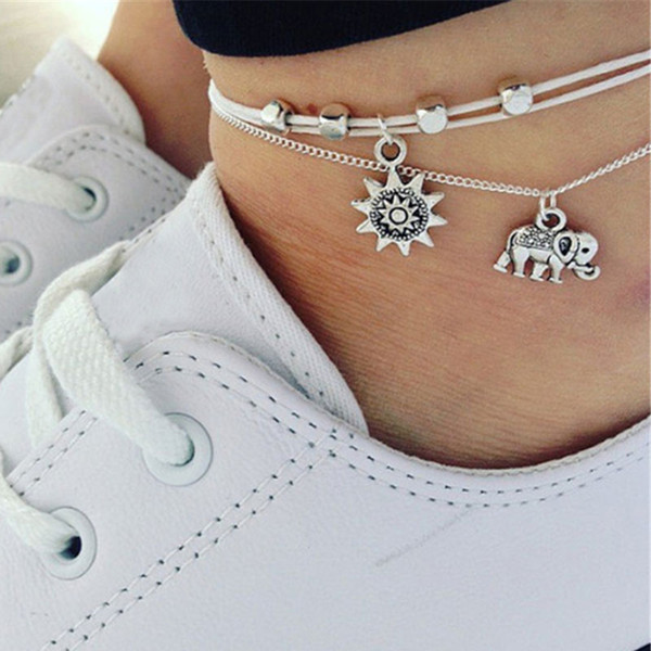 Vintage Star Elephant Anklets Bracelet For Women Boho Pendent Double Layer Anklet Bohemian Foot Jewelry Gift YMBJ725