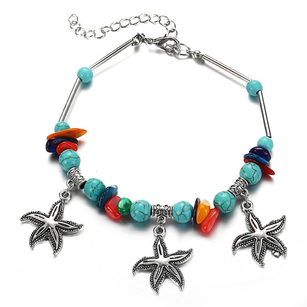 Bohemian Big Starfish Pendant Anklets For Women Vintage Green Bead Beach Anklet Bracelet Chain Animal Foot Jewelry Gift YMF507