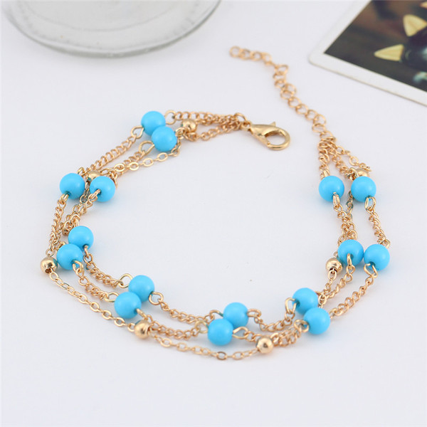 American and European Style Women's Silver/Gold Color Shiny Charm Muti-Layer Chain Ankle Blue Seed Beads Bracelet Anklets Jewelry YMBJ049